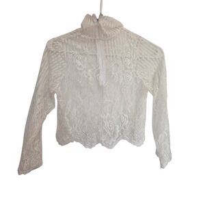 White Floral Lace Mock Neck Crop Top Sheer Long Sleeve Scalloped Hem